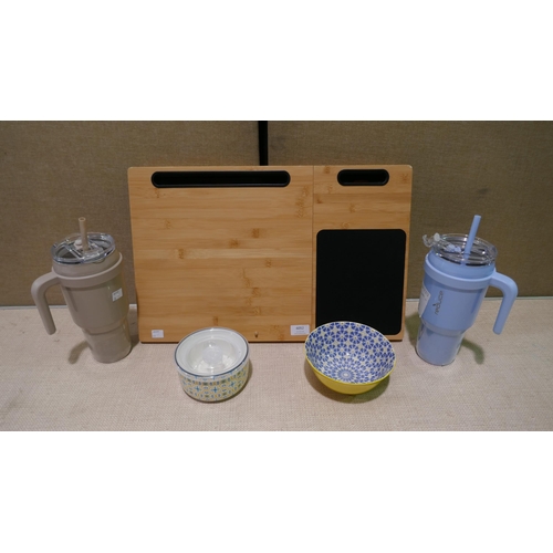 6052 - Two Stainless Steel Mugs, Wooden Lap Tray and two bowls  (337-26,277) *This lot is subject to Vat