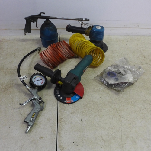 5017 - A box of Workzone compressor accessories, A Parside PDWS 125A1 angle grinder and a quantity of air t... 