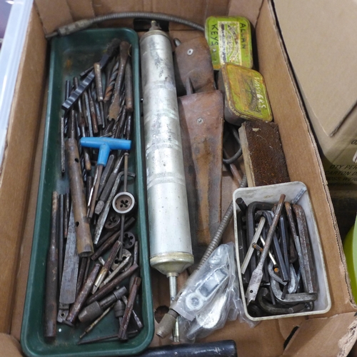 5020 - Two  boxes of metal working tools including drill bits, taps and dies, grease gun, calipers, etc.