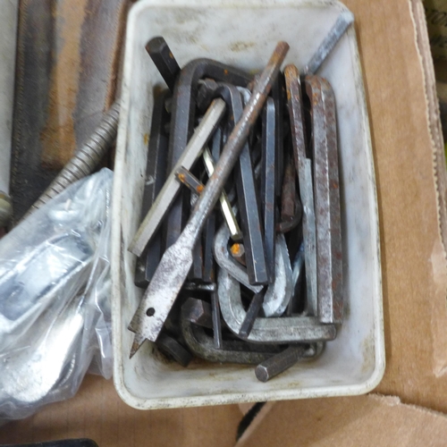 5020 - Two  boxes of metal working tools including drill bits, taps and dies, grease gun, calipers, etc.