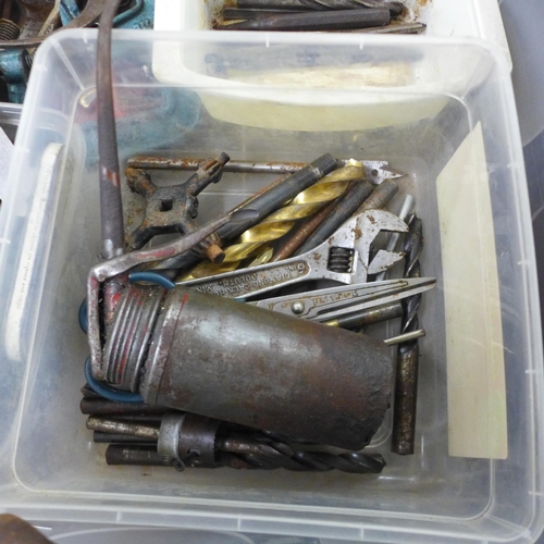 5020 - Two  boxes of metal working tools including drill bits, taps and dies, grease gun, calipers, etc.