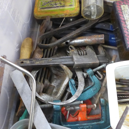 5020 - Two  boxes of metal working tools including drill bits, taps and dies, grease gun, calipers, etc.