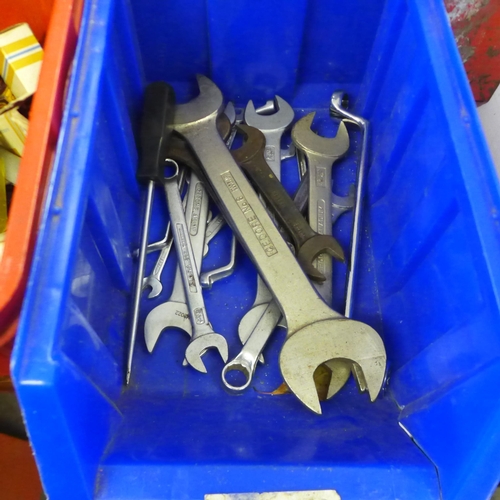 5023 - A large quantity of engineering tools and accessories including bolts, bars, spanners, pliers, brack... 