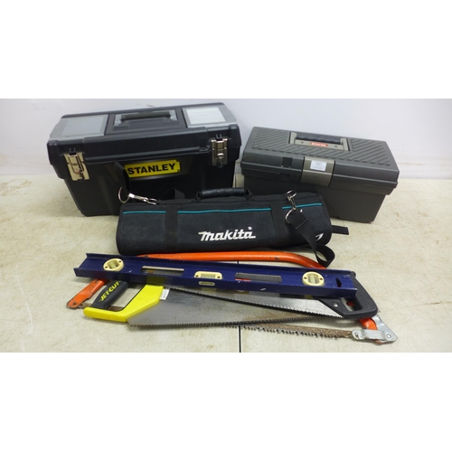 5027 - A Stanley toolbox with screwdrivers, safety knives, Irwin saw, a Curver toolbox with allen keys, scr... 