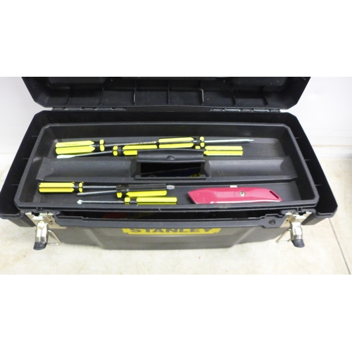 5027 - A Stanley toolbox with screwdrivers, safety knives, Irwin saw, a Curver toolbox with allen keys, scr... 