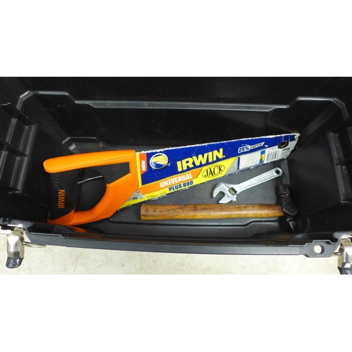 5027 - A Stanley toolbox with screwdrivers, safety knives, Irwin saw, a Curver toolbox with allen keys, scr... 