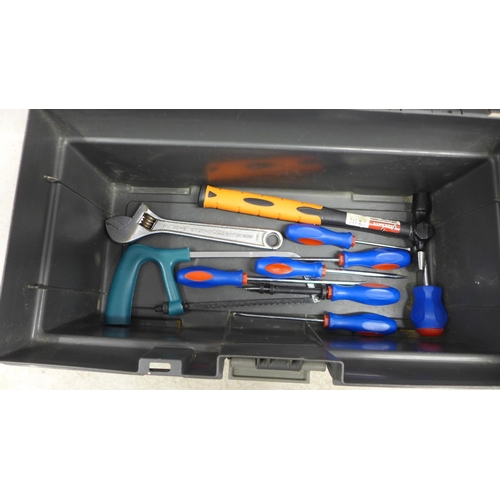 5027 - A Stanley toolbox with screwdrivers, safety knives, Irwin saw, a Curver toolbox with allen keys, scr... 