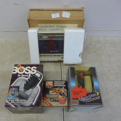 5052 - An Acorn ALF03 data recorder, an SVI Quick Shot II and a 'The Boss' grip handle joy stick and a Firs... 