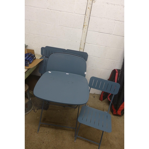 5182 - A blue metal folding bistro table and two chairs