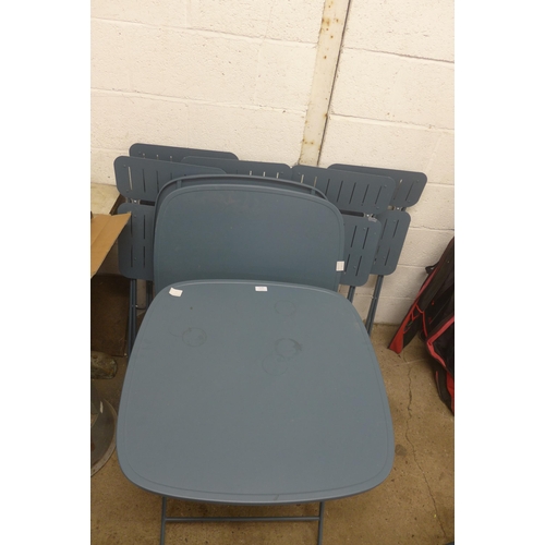 5182 - A blue metal folding bistro table and two chairs