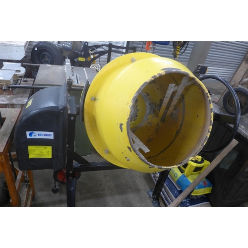A KMS EW6140 cement mixer, 375mm drum opening, 140L capacity with a bag
