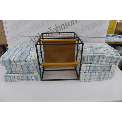 5207 - A box of 6 seat covers and a metal framed side table with leather magazine display rack (missing top... 