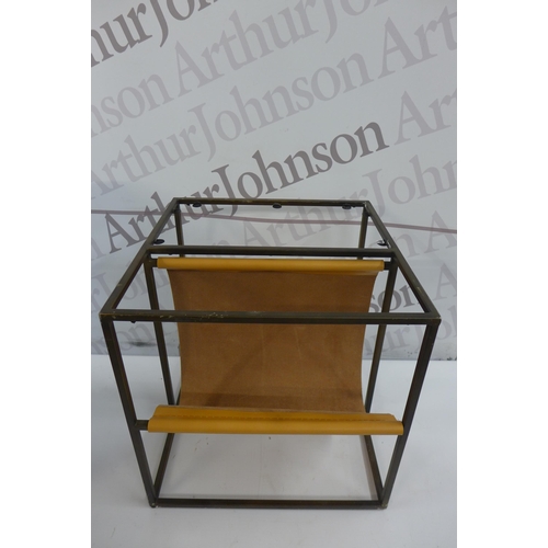 5207 - A box of 6 seat covers and a metal framed side table with leather magazine display rack (missing top... 