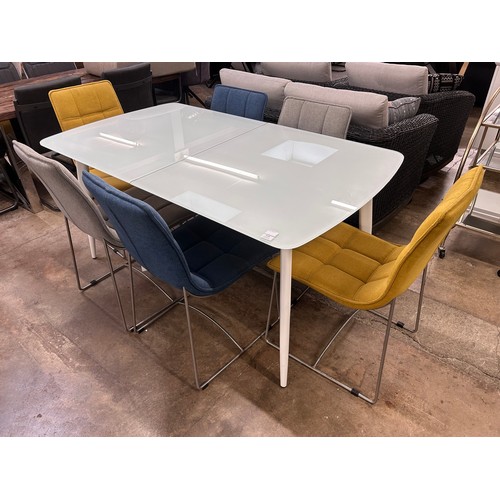 3108 - A white glass top extending dining table with six contrasting chairs