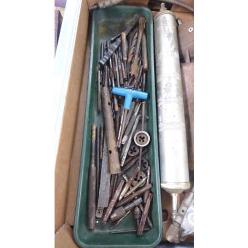 5020 - Two  boxes of metal working tools including drill bits, taps and dies, grease gun, calipers, etc.