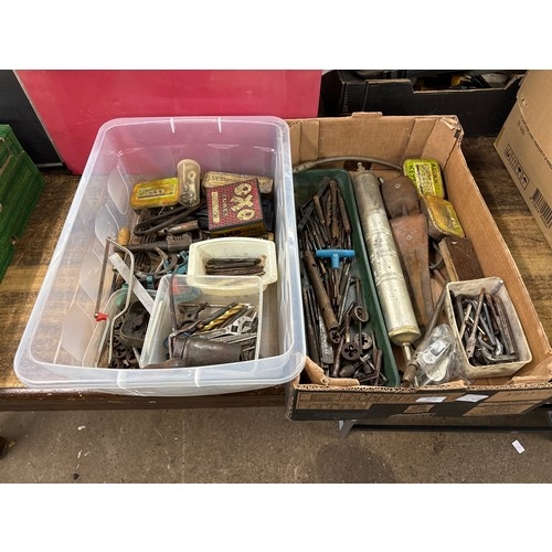 5020 - Two  boxes of metal working tools including drill bits, taps and dies, grease gun, calipers, etc.