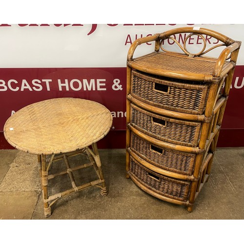 65E - An Italian style bamboo and rattan chest of drawers and circular coffee table