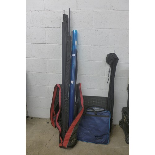 5180 - A quantity of fishing equipment including Map Power Carp 1300 rod, keep nets and other rods