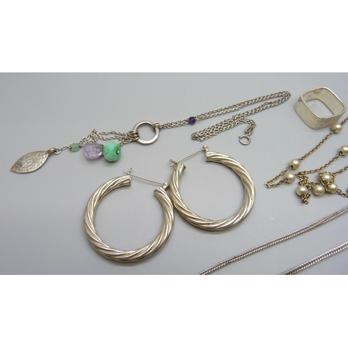 1001 - A designer silver and enamel necklace, MVA Birmingham, large silver hoop earrings, a silver ring and... 