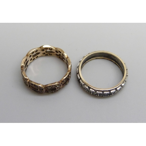 1011 - A 9ct gold ring and a 9ct and silver ring lacking some marcasite, total weight 5g, both size K