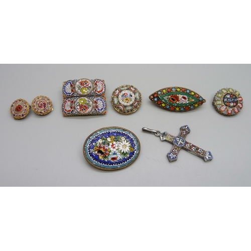 1045 - Five micro-mosaic brooches, a cross pendant, a/f, and a pair of clip-on earrings