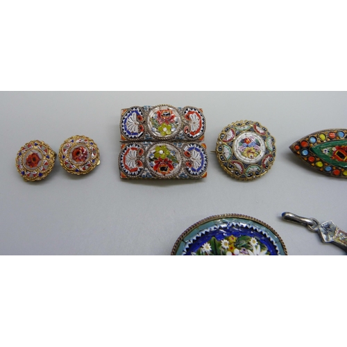 1045 - Five micro-mosaic brooches, a cross pendant, a/f, and a pair of clip-on earrings