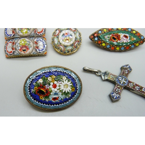 1045 - Five micro-mosaic brooches, a cross pendant, a/f, and a pair of clip-on earrings