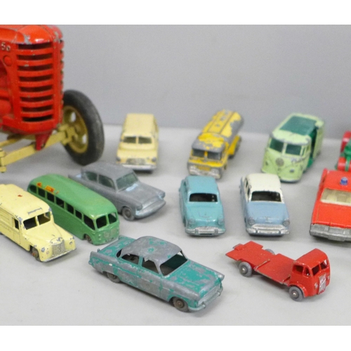 676 - A Lesney Moko Massey Harris 745D tractor, a/f and Lesney die-cast model vehicles