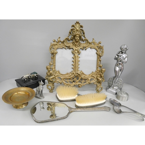 1052 - A brass picture frame, figure of a lady a/f, a dressing table set, etc. **PLEASE NOTE THIS LOT IS NO... 