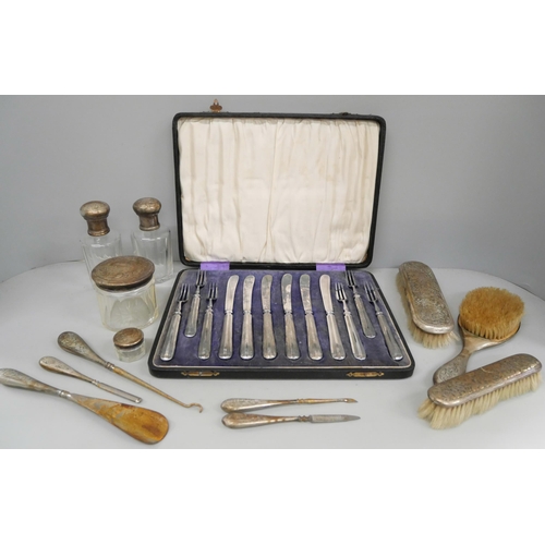 1054 - A cased set of pastry knives and forks and a dressing table set **PLEASE NOTE THIS LOT IS NOT ELIGIB... 