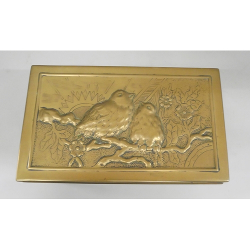 1055 - A brass box with bird detail, a brass casket marked 'Made in Belgium', a lacquered cabinet (requires... 