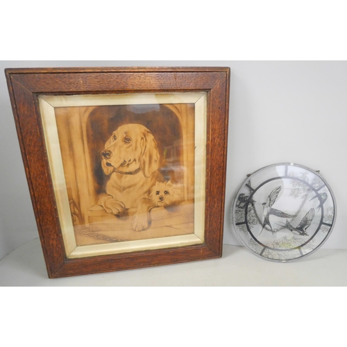 1061 - A framed and mounted wooden panel with two dogs and a glass plaque **PLEASE NOTE THIS LOT IS NOT ELI... 