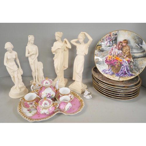 1075 - A large collection of bone china plates and display mounts with a miniature pink tea service and fou... 