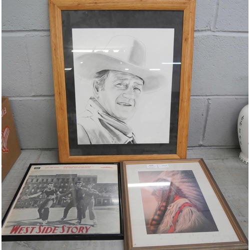 1078 - A John Wayne pencil drawing, a print of a native American and a West Side Story album cover, framed ... 