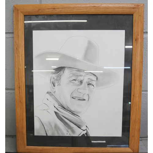 1078 - A John Wayne pencil drawing, a print of a native American and a West Side Story album cover, framed ... 