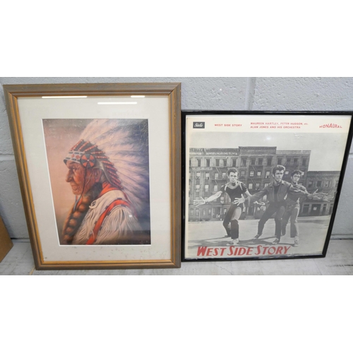 1078 - A John Wayne pencil drawing, a print of a native American and a West Side Story album cover, framed ... 