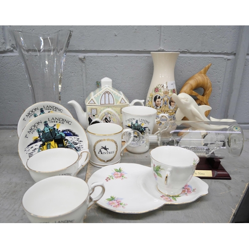 1085 - A collection of china and glass including Paragon Moon Landing cups, saucers and mug and a Royal Alb... 