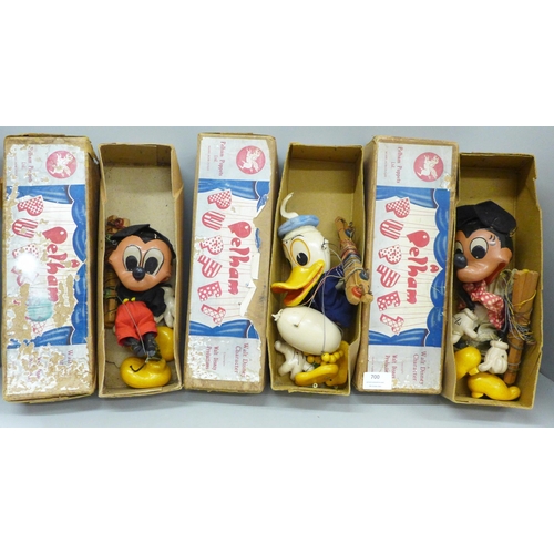 700 - Three Pelham puppets, Walt Disney characters, Mickey, Minnie and Donald Duck, boxed