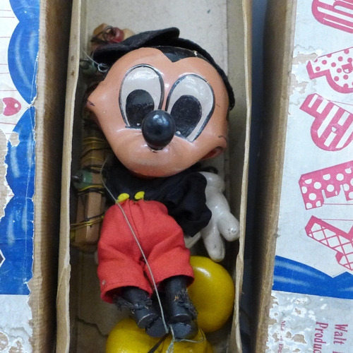 700 - Three Pelham puppets, Walt Disney characters, Mickey, Minnie and Donald Duck, boxed