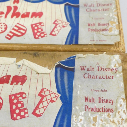 700 - Three Pelham puppets, Walt Disney characters, Mickey, Minnie and Donald Duck, boxed