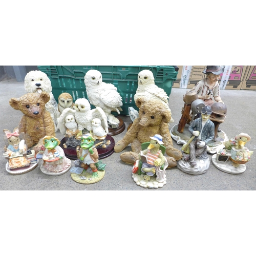 1091 - Resin models of owls, two teddy bears, Old English sheepdog, Capodimonte style figures and Leonardo ... 