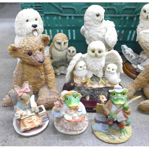 1091 - Resin models of owls, two teddy bears, Old English sheepdog, Capodimonte style figures and Leonardo ... 