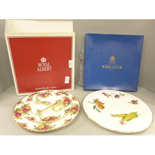 703 - A Royal Albert Old Country Roses two tier cake stand and a Royal Worcester plate, both boxed