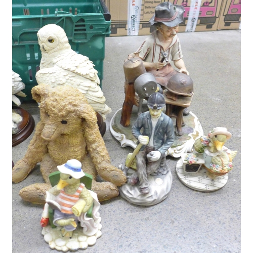 1091 - Resin models of owls, two teddy bears, Old English sheepdog, Capodimonte style figures and Leonardo ... 