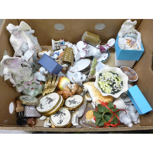 1094 - A collection of bone china and earthenware ornaments including figures, pill boxes and coasters **PL... 