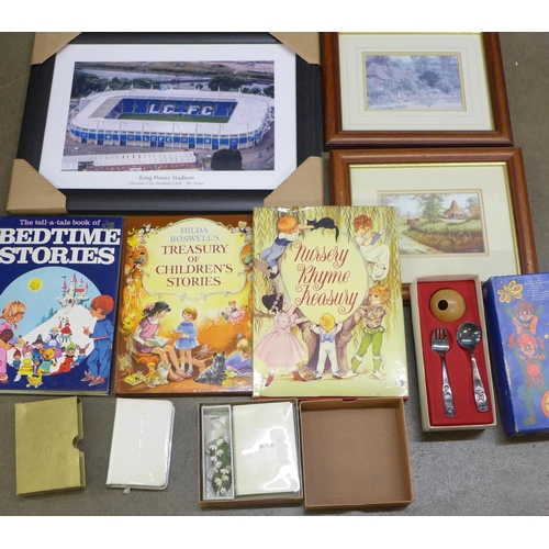 1096 - A WMF christening set, childrens books, two pictures, two bibles and a framed picture of The King Po... 