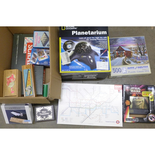 1099 - A collection of games including a Star Wars puzzle, Scrabble, a London Underground puzzle, playing c... 