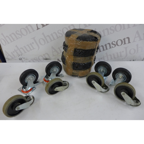 5297 - A quantity of assorted castor wheels and a set of 4 pneumatic barrow wheels