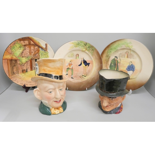 734 - Three Royal Doulton series ware plates; Gaffers, Sam Weller and Fat Boy, two character jugs, John Pe... 