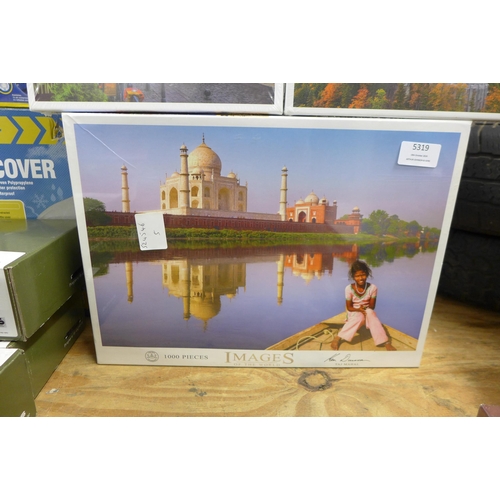 5319 - 5 assorted 1000 piece jigsaw puzzles, Taj Mahal, Van Gogh Café, Alsace scene, Monet Soleil Levante, ... 